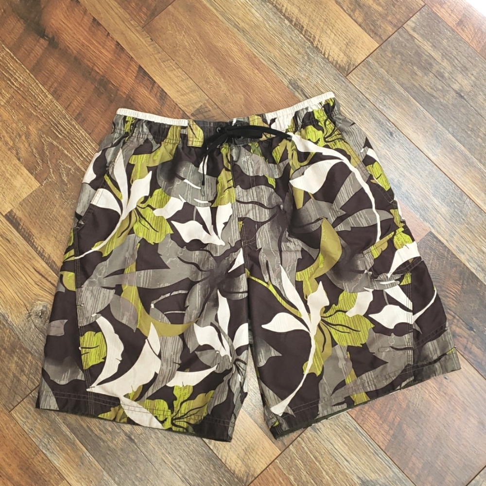 Speedo Tropical Flowers Green, Gray, and White Swim Trunks, Size Medium